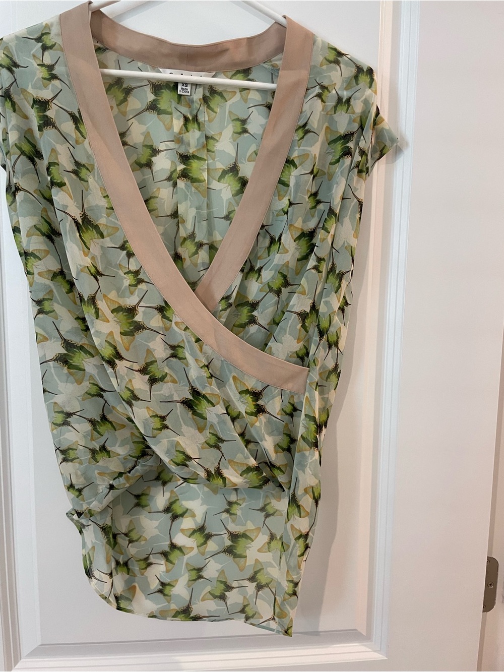 CAbi Mint Green Floral & Butterfly Blouse with Beige Trim